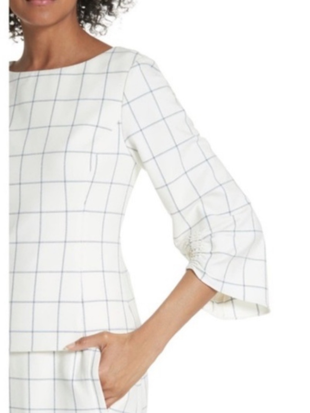 Tibi Cream Blouse with Blue Windowpane Plaid and Ruched Cuffs - Picture 2 of 7